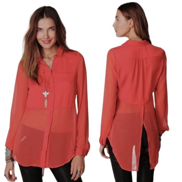 Free PEOPLE Best of Both Words Sheer Top Small Salmon red @O - Picture 1 of 9